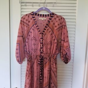 Xirena 100% Cotton High Low V Neck Dress Drawstring Waist XS Pink Blue